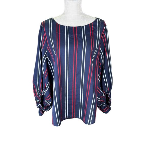 CAbi Freedom Flag Blouse Womens Large Striped Balloon Sleeve Navy Patriotic 5516 - Picture 2 of 9